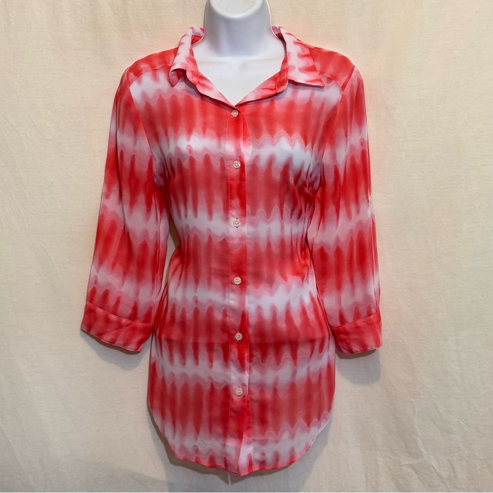 E-62 New Directions Pink & White Tie Dye 1/2 Sleeve Button Down Blouse Size S